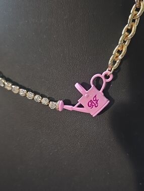 Betsey Johnson Goldtone Chain Necklace with Pink  Charm and Crystal Accents